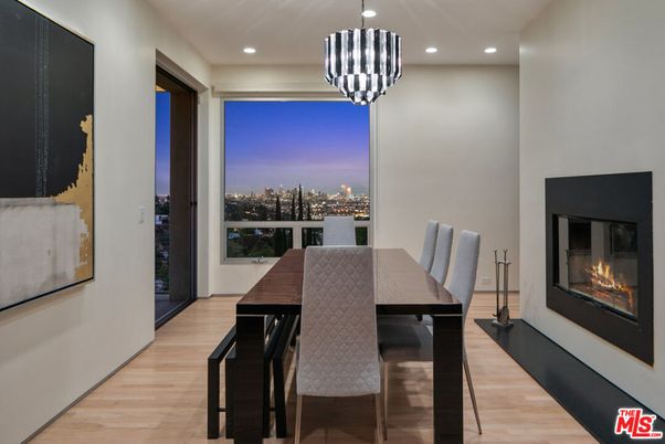 Dining room, Fireplace, Interior, Pendant Lights, Recessed Lighting, Wood Texture Flooring