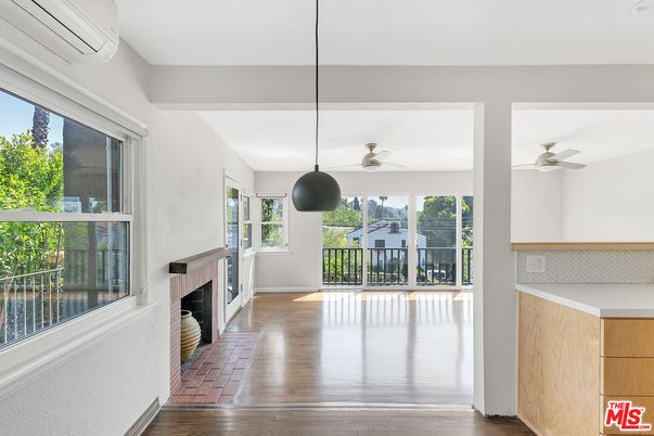 Fireplace, Interior, Pendant Lights, Wood Texture Flooring