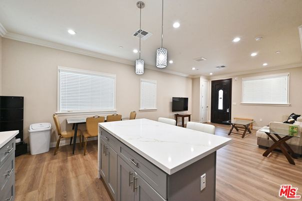 Dining room, Interior, Pendant Lights, Recessed Lighting, Wood Texture Flooring