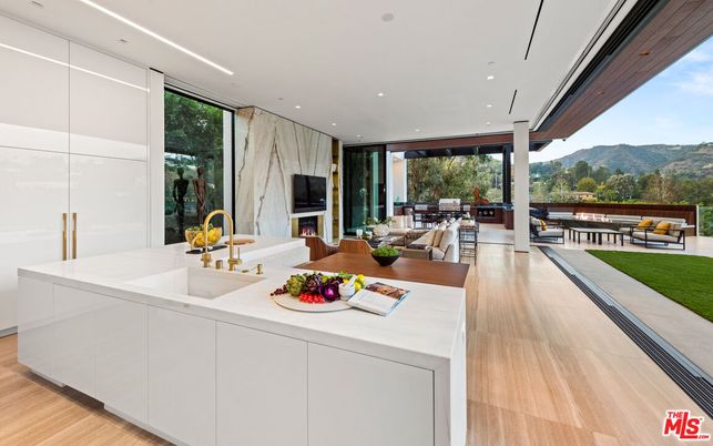 Dining room, Fireplace, Interior, Kitchen, Living room, Marble Walls, Recessed Lighting, Wood Texture Flooring