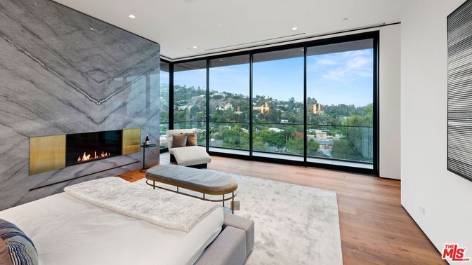 Bedroom, Fireplace, Interior, Recessed Lighting, Wood Texture Flooring