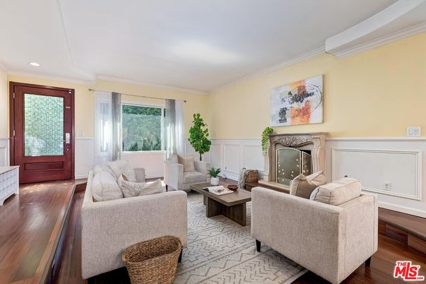 Fireplace, Interior, Living room, Recessed Lighting, Wood Texture Flooring