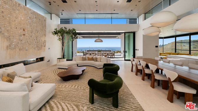 Dining room, Fireplace, Interior, Living room, Pendant Lights, Recessed Lighting, Water