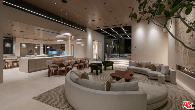 Dining room, Fireplace, Interior, Kitchen, Living room, Pendant Lights, Recessed Lighting, Wooden Ceilings