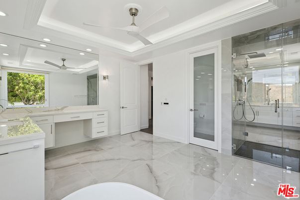 Bathroom, Dual Sink Vanities, Glass Shower, Interior, Marble, Recessed Lighting