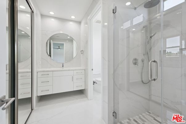 Bathroom, Glass Shower, Interior, Marble, Marble Walls, Recessed Lighting