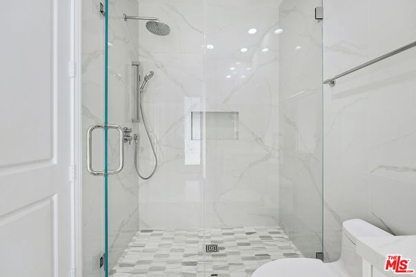 Bathroom, Glass Shower, Interior, Marble Walls, Recessed Lighting