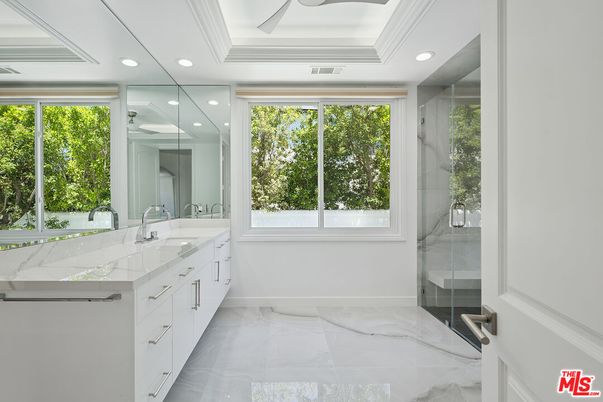 Bathroom, Dual Sink Vanities, Glass Shower, Interior, Marble, Recessed Lighting