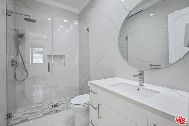Bathroom, Glass Shower, Interior, Marble, Marble Walls, Recessed Lighting