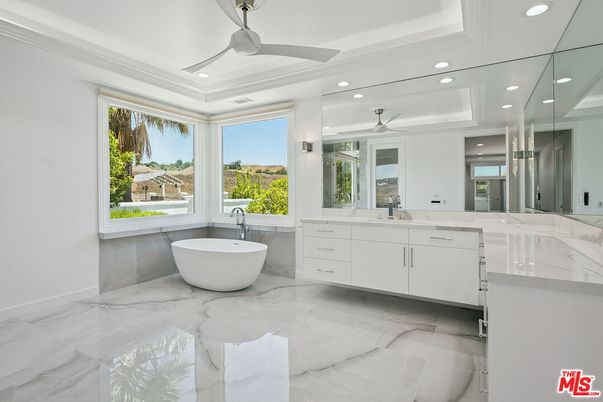 Bathroom, Dual Sink Vanities, Free Standing Baths, Interior, Marble, Recessed Lighting