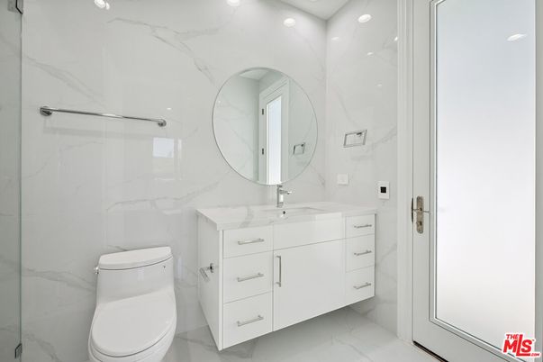 Bathroom, Glass Shower, Interior, Marble, Marble Walls, Recessed Lighting
