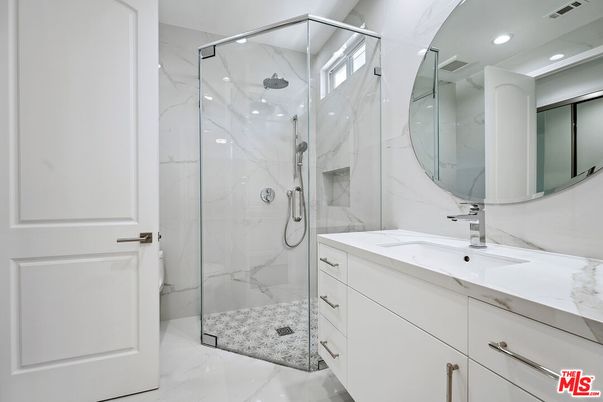 Bathroom, Glass Shower, Interior, Marble, Marble Walls, Recessed Lighting