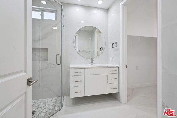 Bathroom, Glass Shower, Interior, Marble, Marble Walls, Recessed Lighting