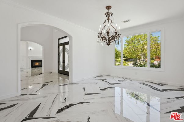 Chandelier, Empty room, Fireplace, Interior, Marble
