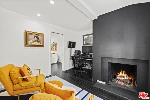 Fireplace, Home Office, Interior, Recessed Lighting, Wood Texture Flooring