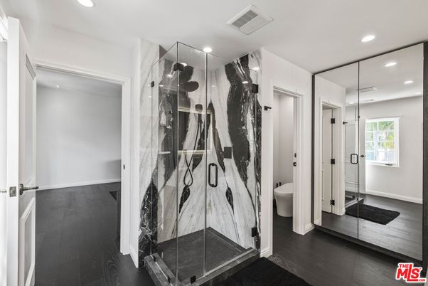 Bathroom, Glass Shower, Interior, Recessed Lighting, Wood Texture Flooring