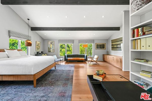 Bedroom, Interior, Pendant Lights, Recessed Lighting, Wooden Beams, Wood Texture Flooring