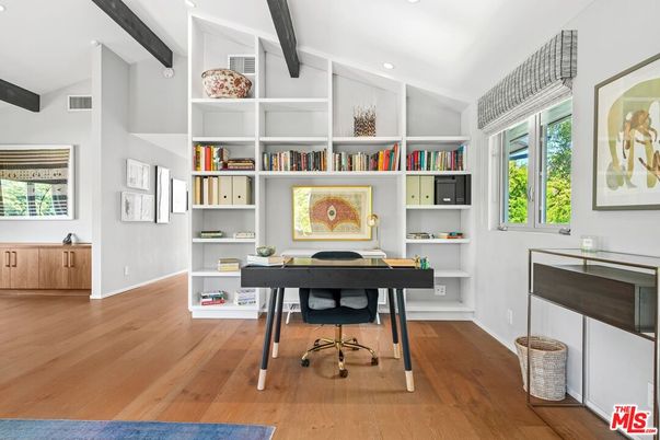 Home Office, Interior, Recessed Lighting, Wooden Beams, Wood Texture Flooring