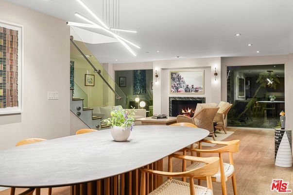 Dining room, Fireplace, Interior, Living room, Pendant Lights, Recessed Lighting, Wood Texture Flooring