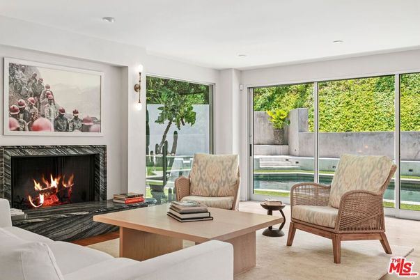 Fireplace, Home Office, Interior, Recessed Lighting, Wood Texture Flooring