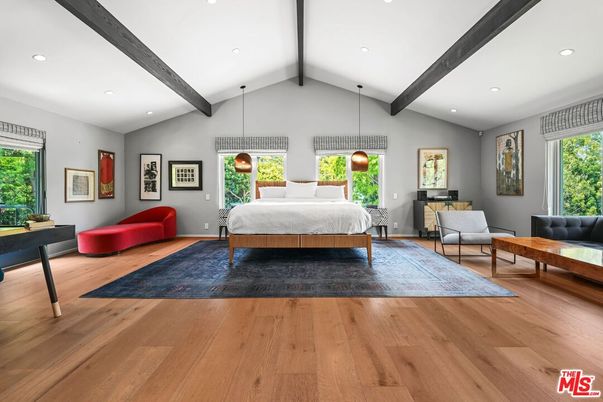 Bedroom, Interior, Pendant Lights, Recessed Lighting, Wooden Beams, Wood Texture Flooring
