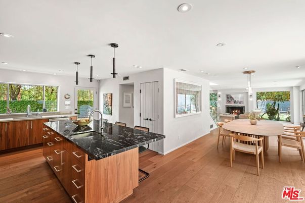 Dining room, Fireplace, Interior, Kitchen, Pendant Lights, Recessed Lighting, Wood Texture Flooring