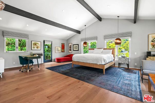 Bedroom, Home Office, Interior, Pendant Lights, Recessed Lighting, Wooden Beams, Wood Texture Flooring