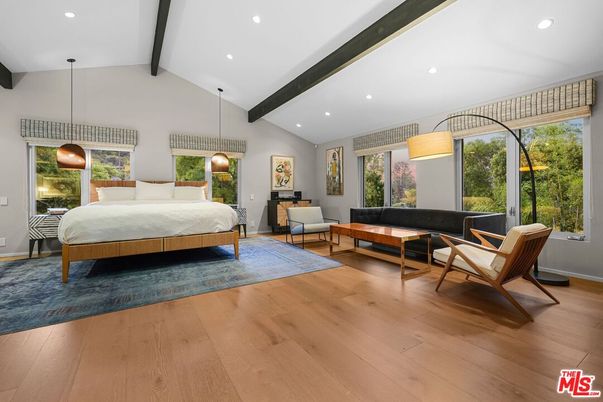 Bedroom, Interior, Pendant Lights, Recessed Lighting, Wooden Beams, Wood Texture Flooring