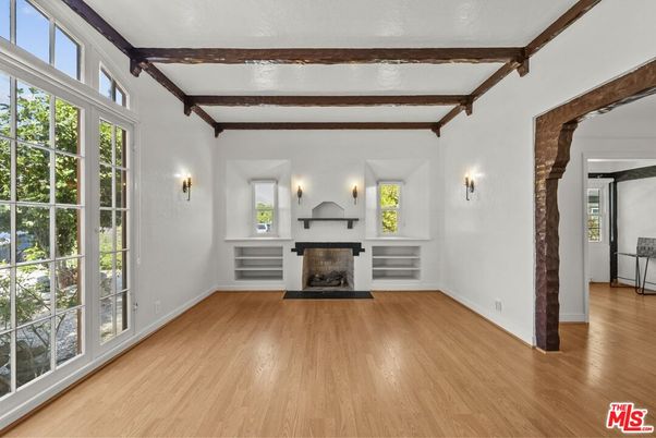 Empty room, Fireplace, Interior, Wooden Beams, Wood Texture Flooring