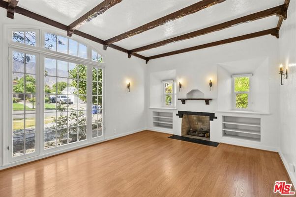 Empty room, Fireplace, Interior, Wooden Beams, Wood Texture Flooring