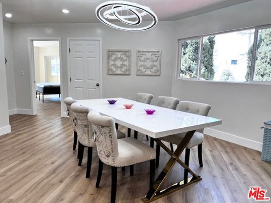 Dining room, Interior, Pendant Lights, Recessed Lighting, Wood Texture Flooring
