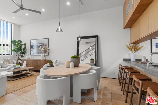 Dining room, Interior, Living room, Pendant Lights, Recessed Lighting, Wood Texture Flooring