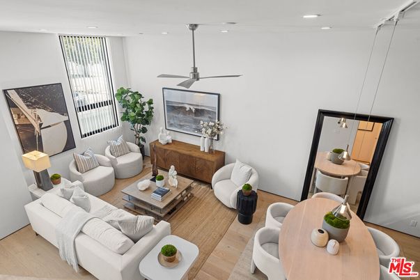 Dining room, Interior, Living room, Pendant Lights, Recessed Lighting, Wood Texture Flooring