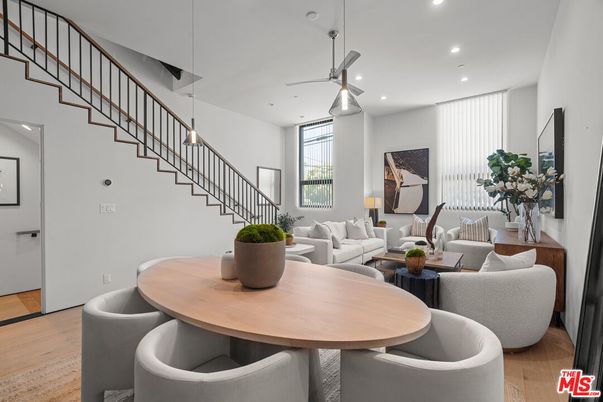 Dining room, Interior, Living room, Pendant Lights, Recessed Lighting, Wood Texture Flooring
