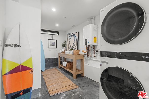 Bathroom, Interior, Recessed Lighting, Washer, Wood Texture Flooring
