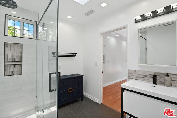 Bathroom, Glass Shower, Interior, Recessed Lighting, Wood Texture Flooring