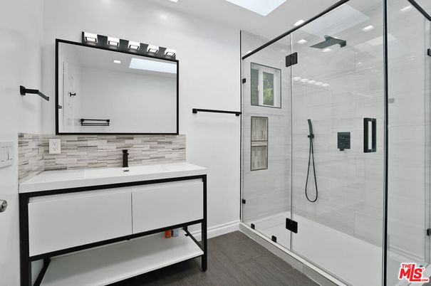 Bathroom, Glass Shower, Interior, Recessed Lighting, Wood Texture Flooring