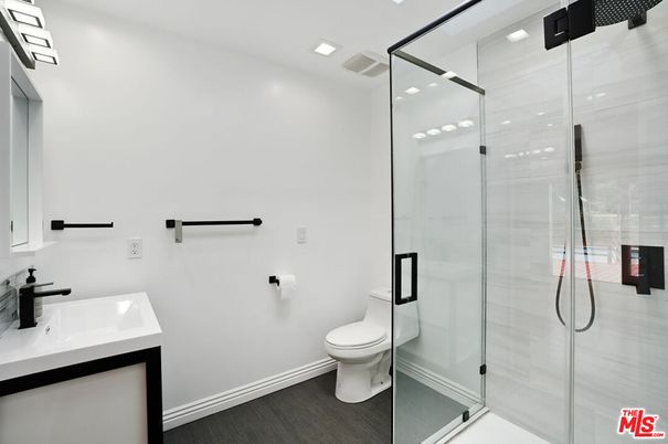Bathroom, Glass Shower, Interior, Recessed Lighting, Wood Texture Flooring
