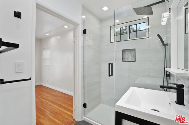 Bathroom, Glass Shower, Interior, Recessed Lighting, Wood Texture Flooring