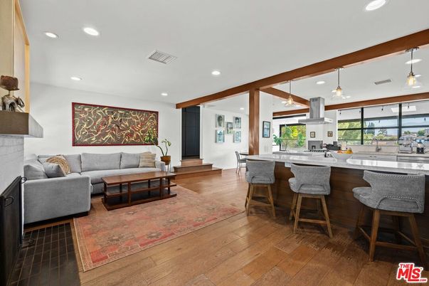 Fireplace, Interior, Kitchen, Living room, Pendant Lights, Recessed Lighting, Wooden Beams, Wood Texture Flooring
