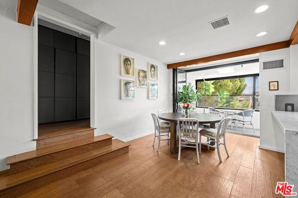 Dining room, Interior, Recessed Lighting, Wood Texture Flooring