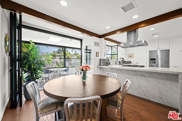 Dining room, Interior, Kitchen, Recessed Lighting, Stainless Steel Appliances, Wooden Beams, Wood Texture Flooring