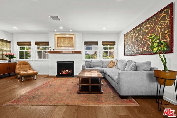 Fireplace, Interior, Living room, Recessed Lighting, Wood Texture Flooring