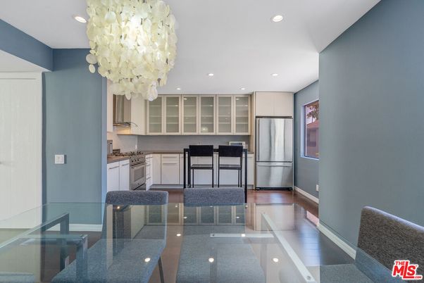 Chandelier, Dining room, Interior, Kitchen, Recessed Lighting, Stainless Steel Appliances, Wood Texture Flooring