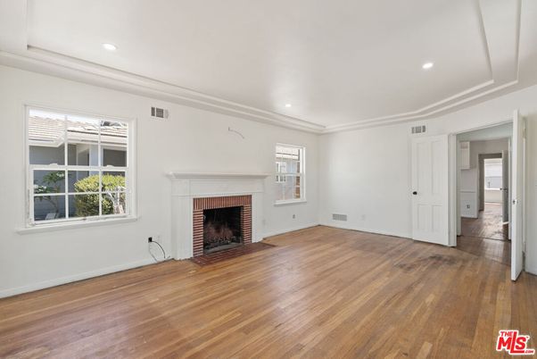Empty room, Fireplace, Interior, Recessed Lighting, Wood Texture Flooring