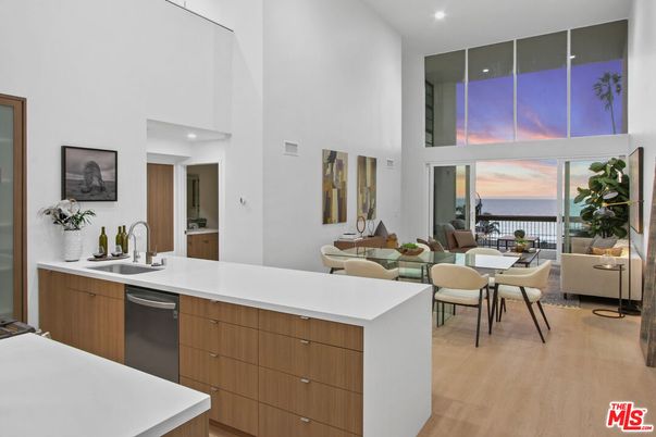 Dining room, Interior, Kitchen, Living room, Recessed Lighting, Water, Wood Texture Flooring