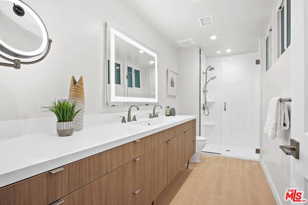 Bathroom, Glass Shower, Interior, Recessed Lighting, Wood Texture Flooring