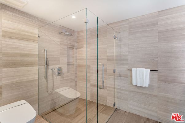 Bathroom, Glass Shower, Interior, Recessed Lighting, Wood Texture Flooring
