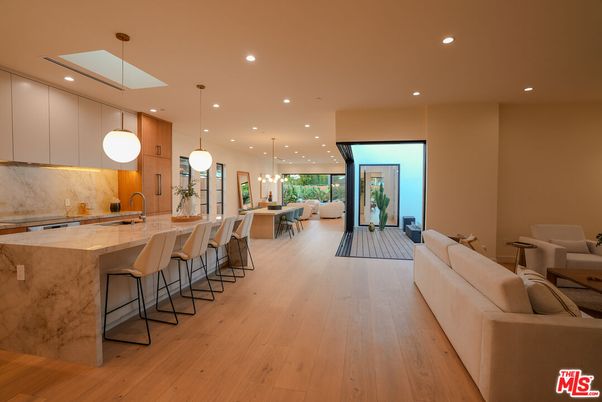 Interior, Kitchen, Marble Walls, Pendant Lights, Recessed Lighting, Wood Texture Flooring