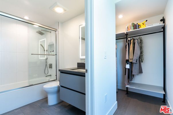 Bathroom, Glass Shower, Interior, Recessed Lighting, Wood Texture Flooring